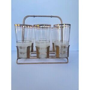 Vintage MCM Highball Glass Set with Caddy | 7-Piece MCM Barware Carrier
